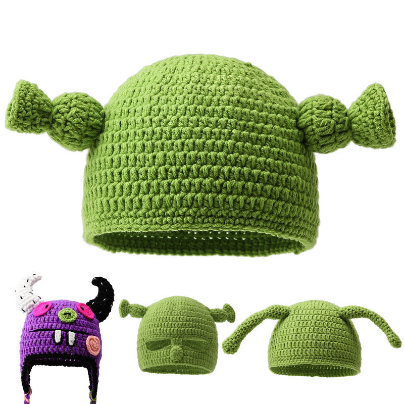 Wholesale Funny warm wool hat for women autumn and winter long braid green knitted pullover hat trendy thickened